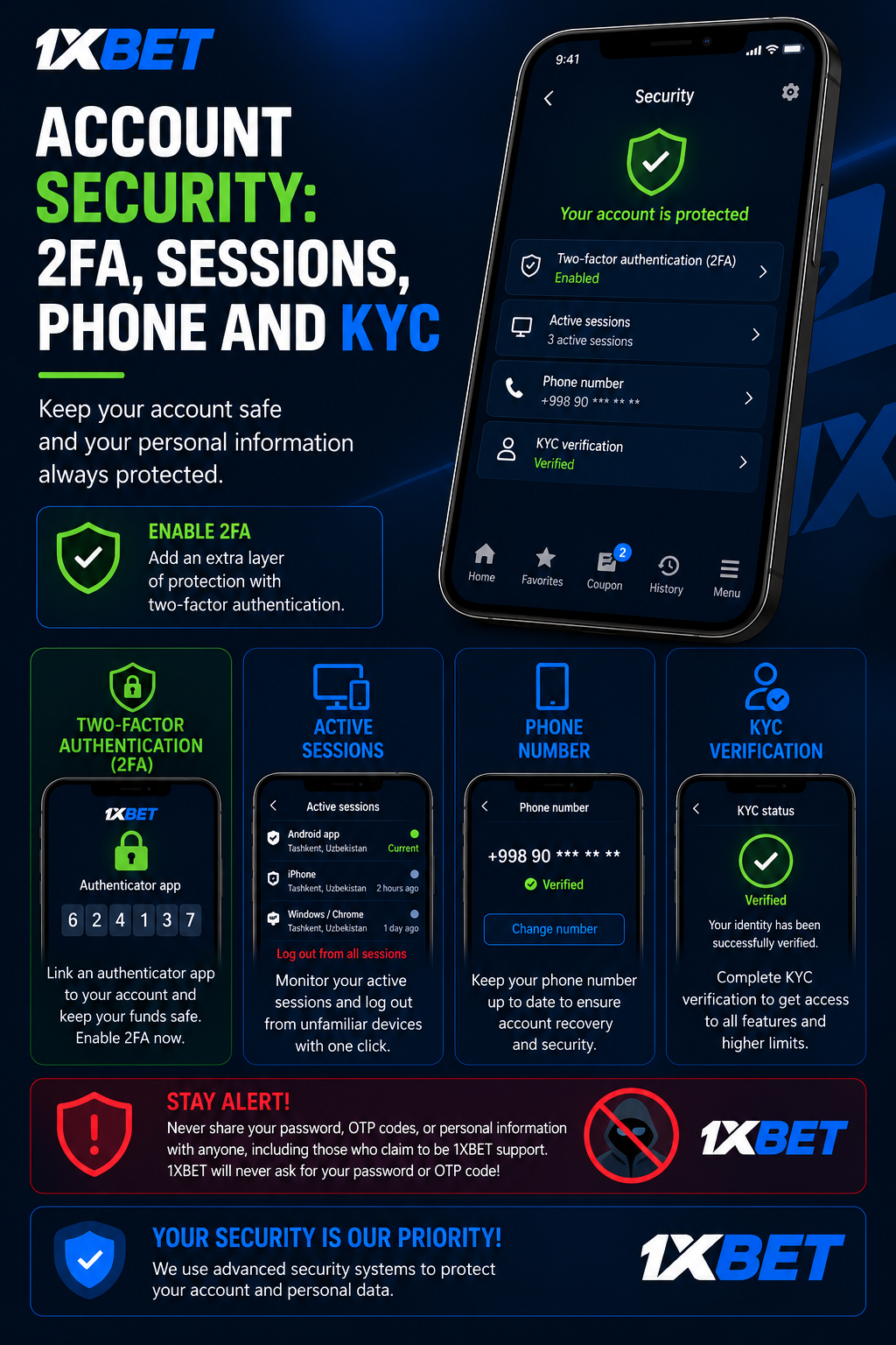 1xBet account security and KYC
