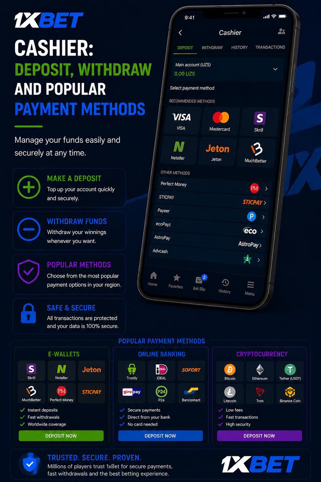 1xBet ক্যাশিয়ার: জমা ও অর্থ উত্তোলন