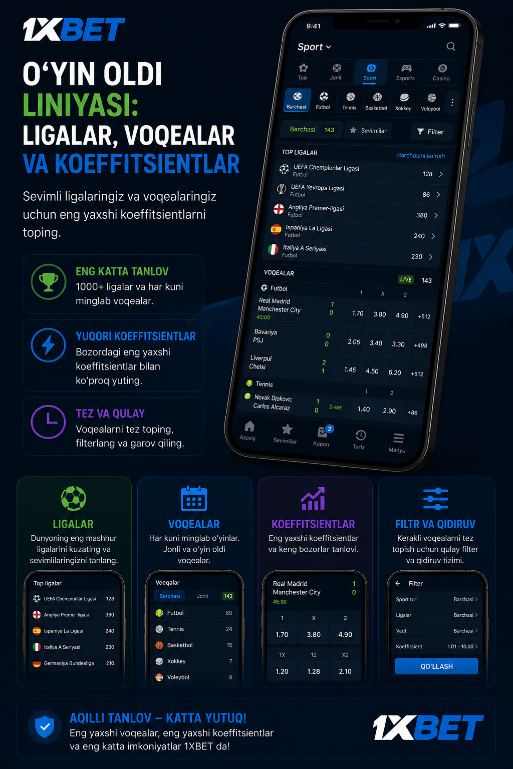 1xBet o‘yin oldi sport liniyasi