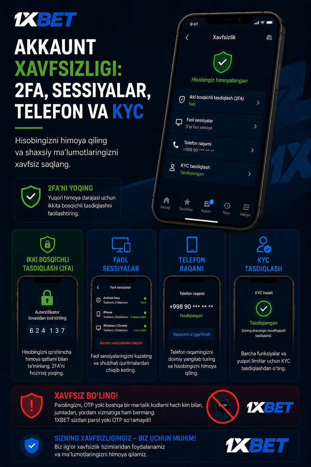 1xBet akkaunt xavfsizligi va KYC