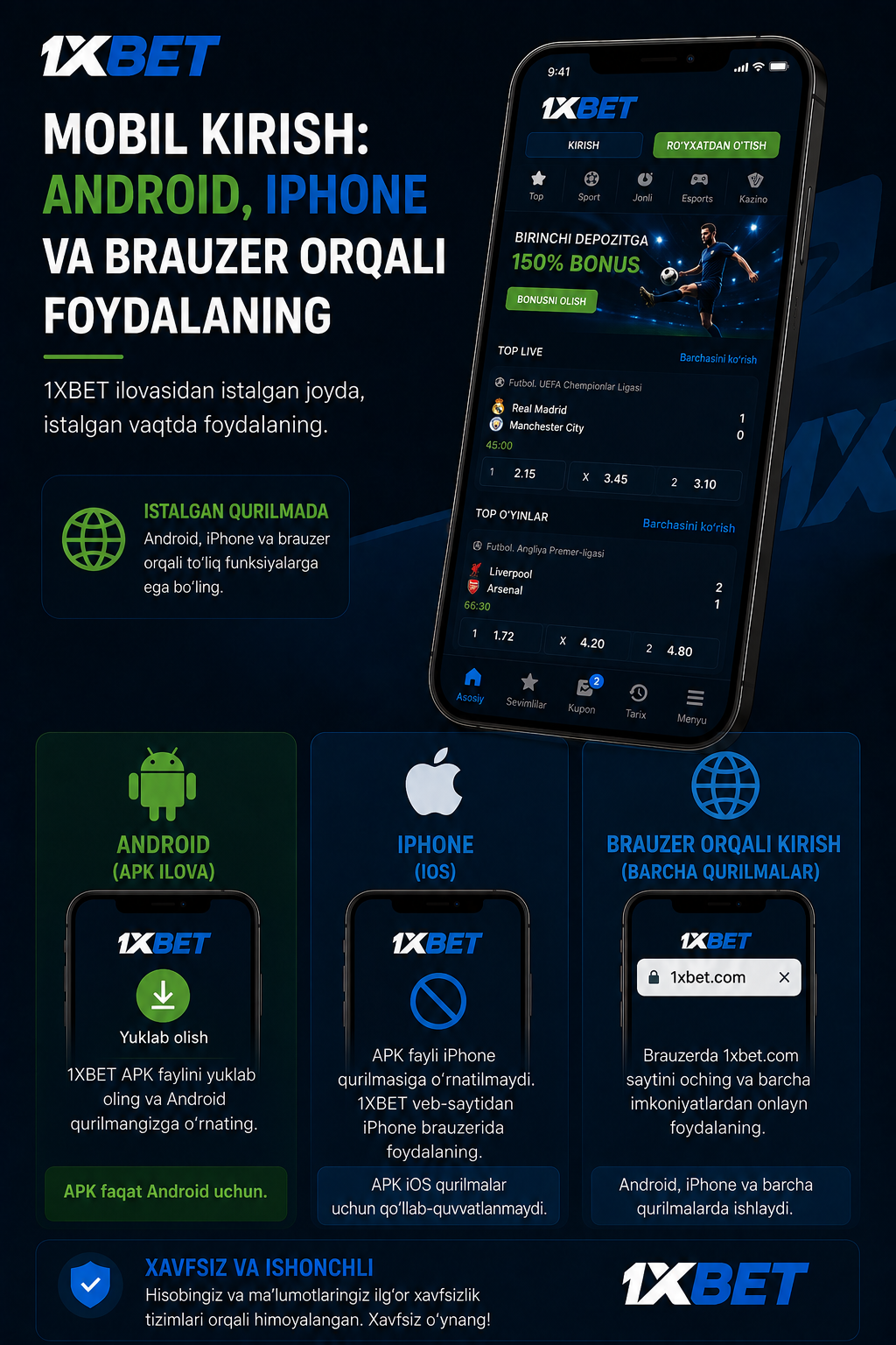 1xBet mobil kirish: Android, iPhone va brauzer