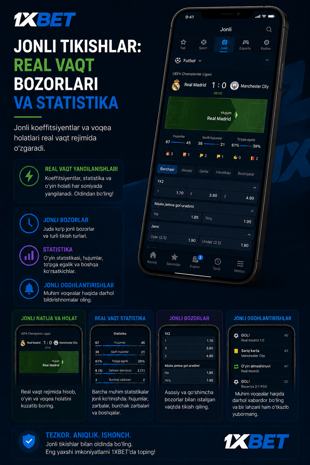 1xBet jonli tikishlar va statistika