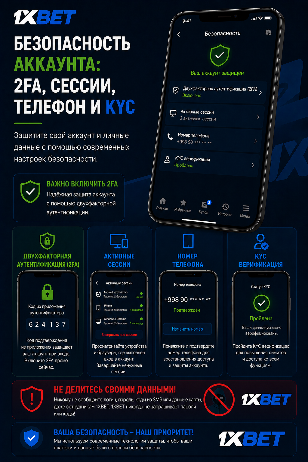 Безопасность аккаунта 1xBet и KYC
