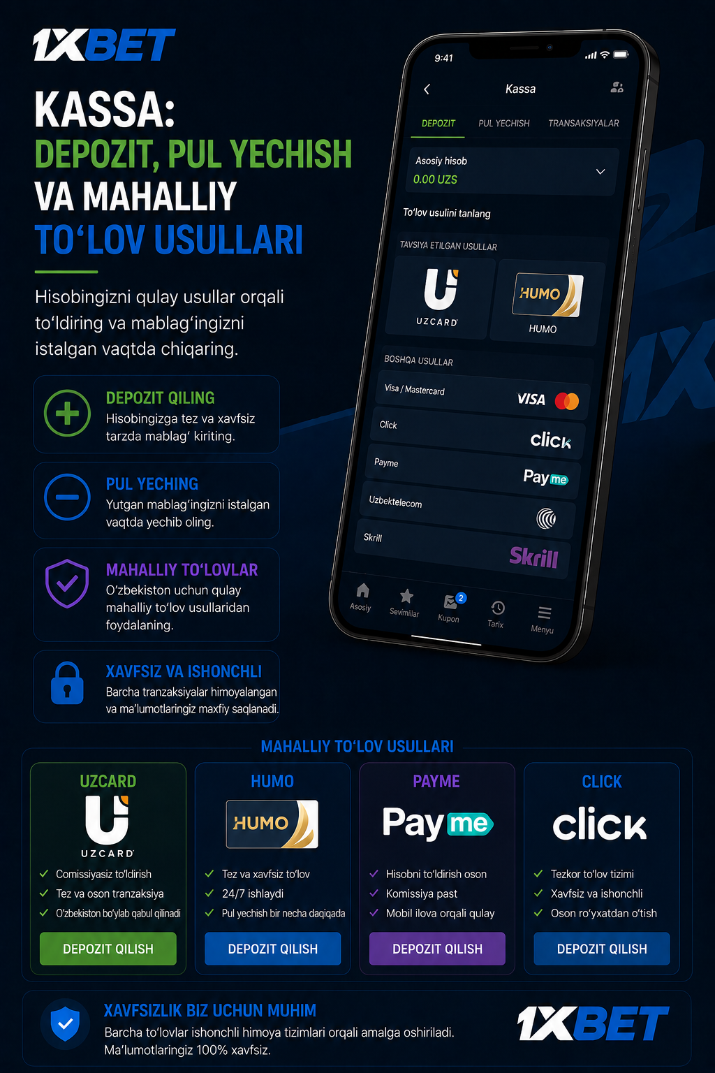 1xBet kassa: depozit va pul yechish